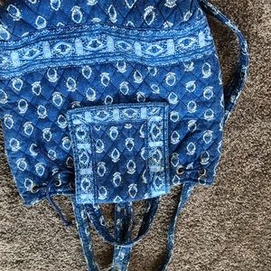 Blue and white quilted backpack